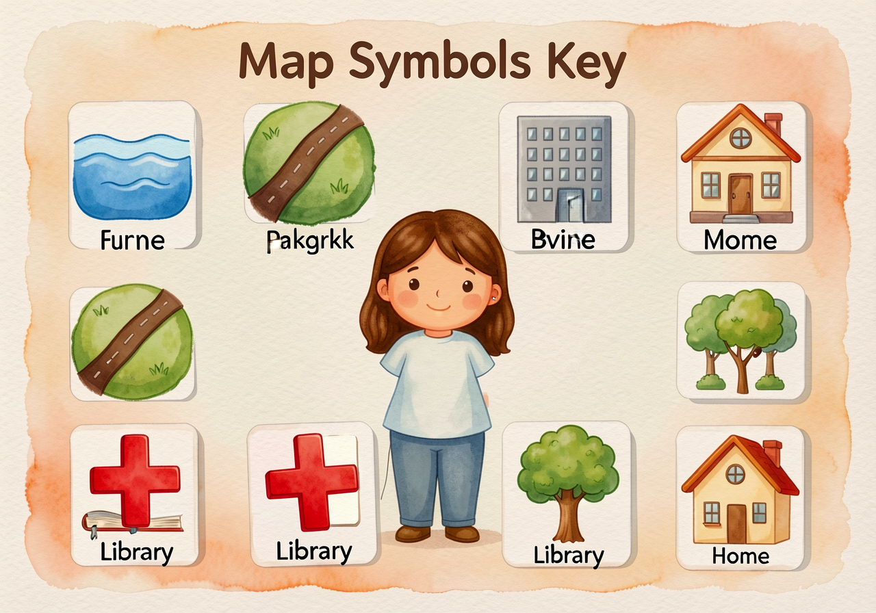 Map Symbols Key Wall — a 24x36-inch chart introducing 8 standard kindergarten map symbols with their meanings in 24pt sa