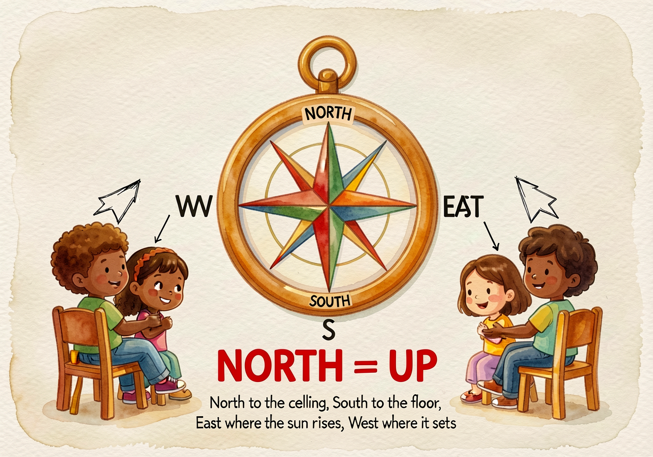 Compass Rose Anchor — 18x18-inch laminated compass rose with the four cardinal directions in 4-inch letters (NORTH at to