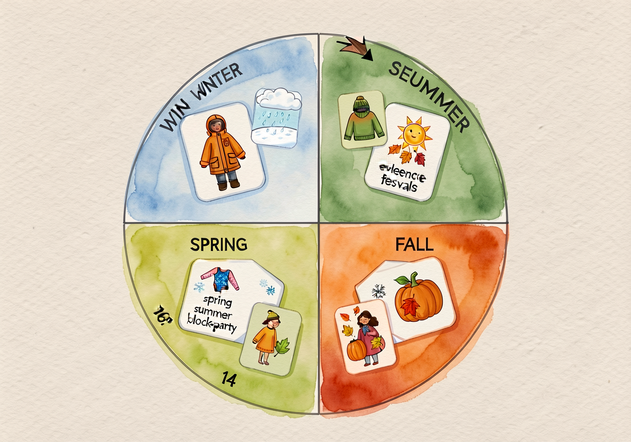 Seasons-Round chart — a 36-inch circular chart divided into 4 quadrants (Winter, Spring, Summer, Fall — sequenced starti