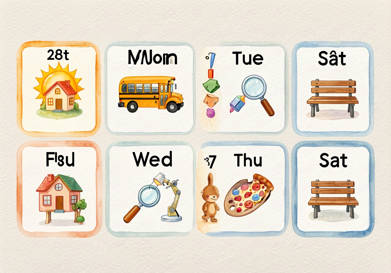 36x18-inch laminated wall chart showing all 7 days in left-to-right order. Each day shown as a 4x4-inch tile with day na