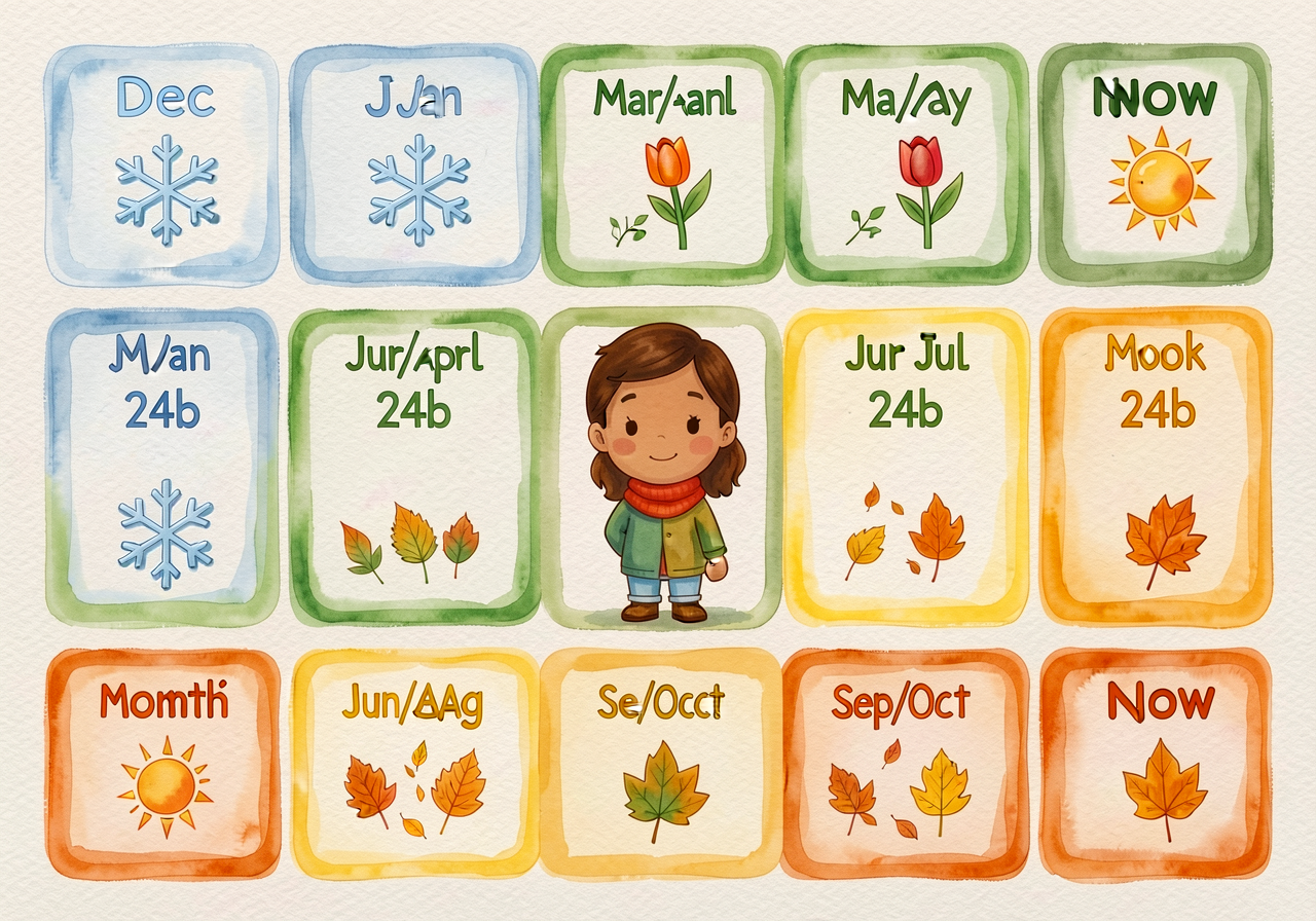 36x6-inch horizontal strip with 12 month-tiles (3x3 inches each). Each tile has month name in 24pt, abbreviation in 14pt