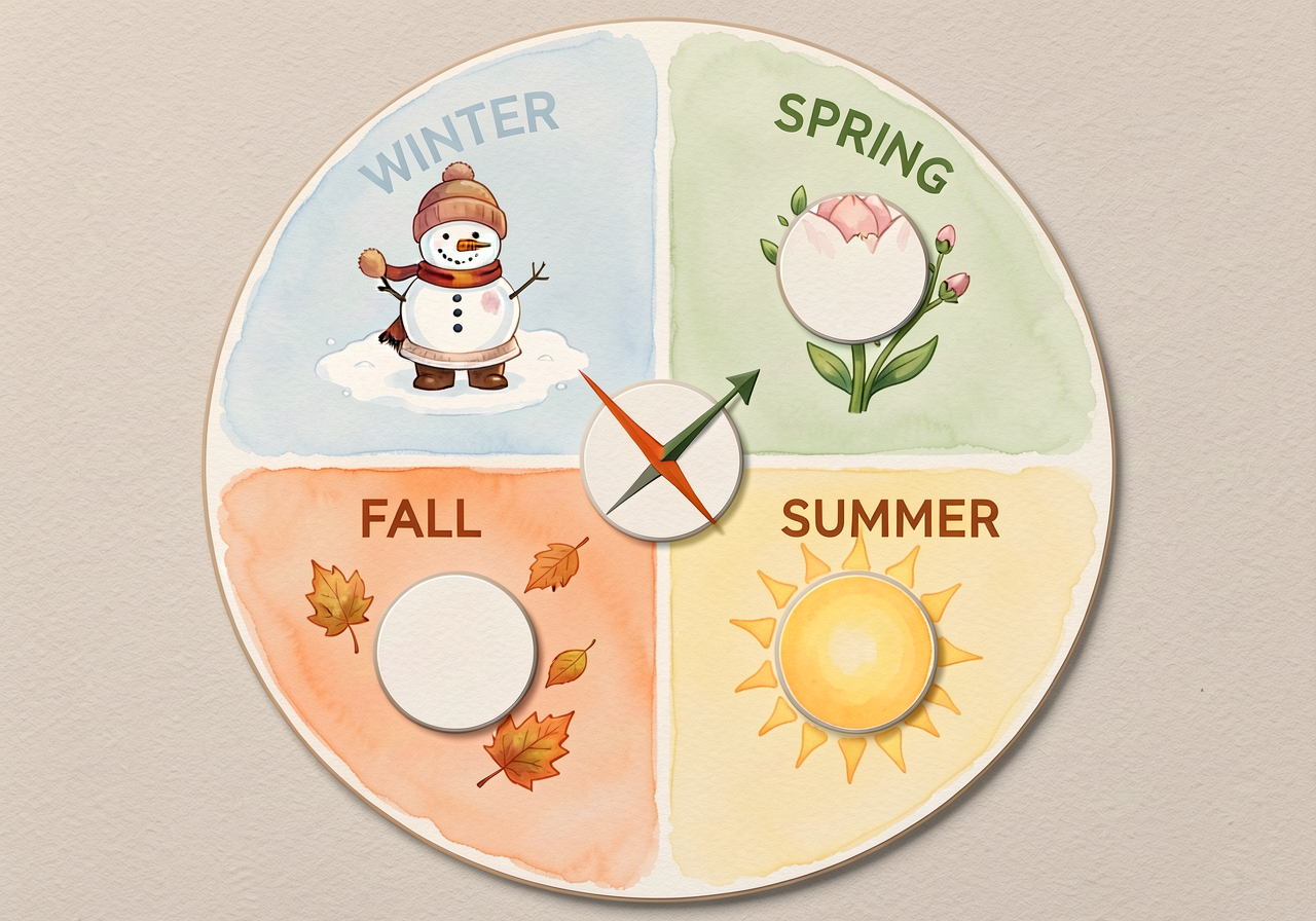 36-inch diameter circular chart on foam-core, divided into 4 equal quadrants. Each quadrant labeled (WINTER top-left in 