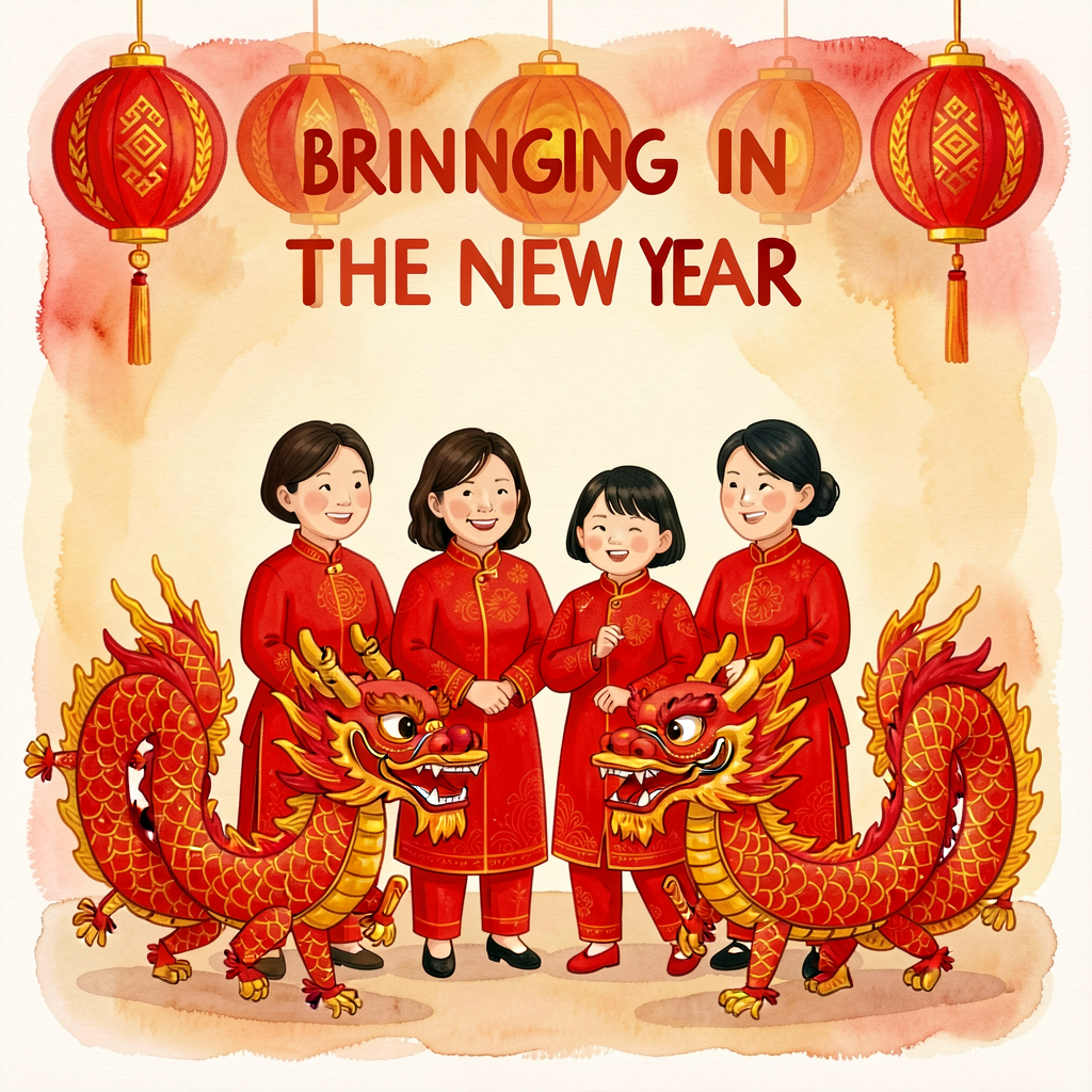 Reproduction of Grace Lin cover — a Chinese-American family in red clothing, dragon dance in foreground, lanterns above,