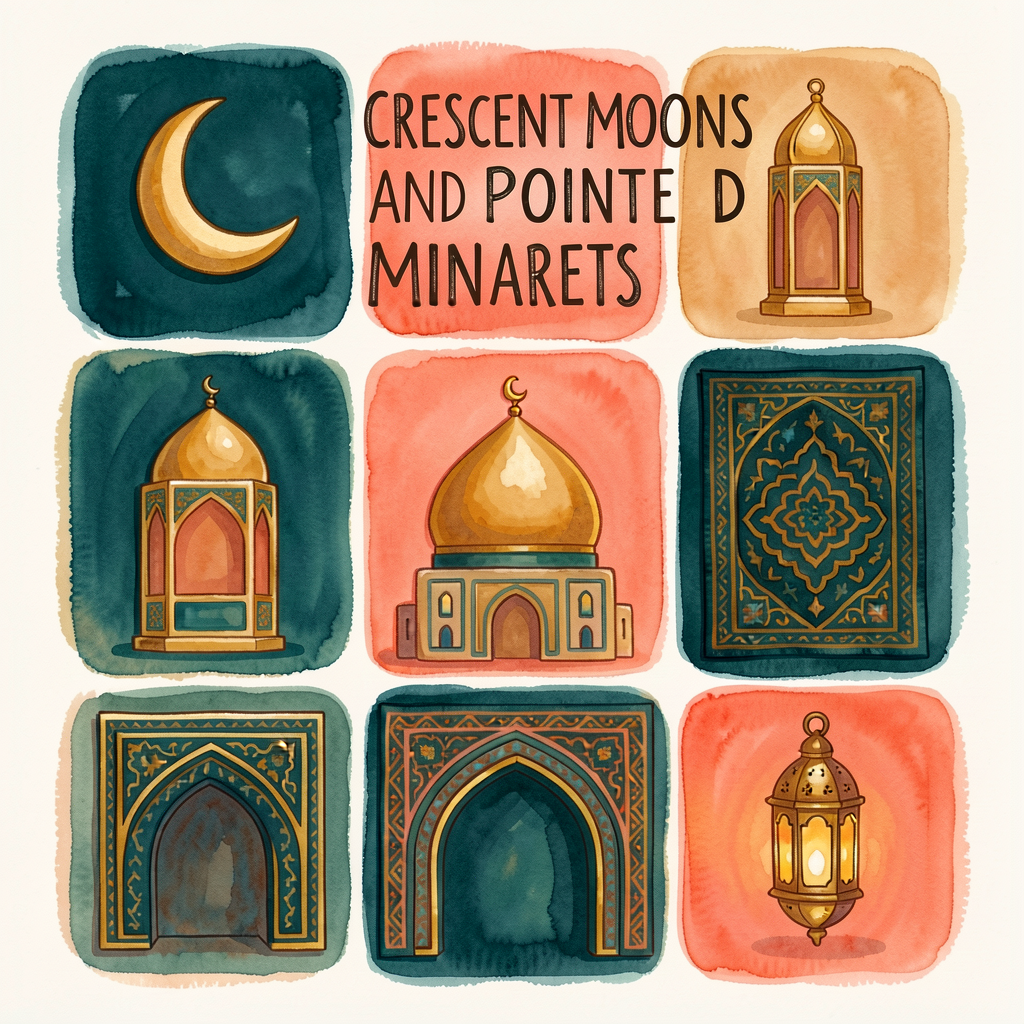 Reproduction of Hena Khan / Mehrdokht Amini cover — a 6-shape grid of Islamic-architecture and culture symbols (crescent