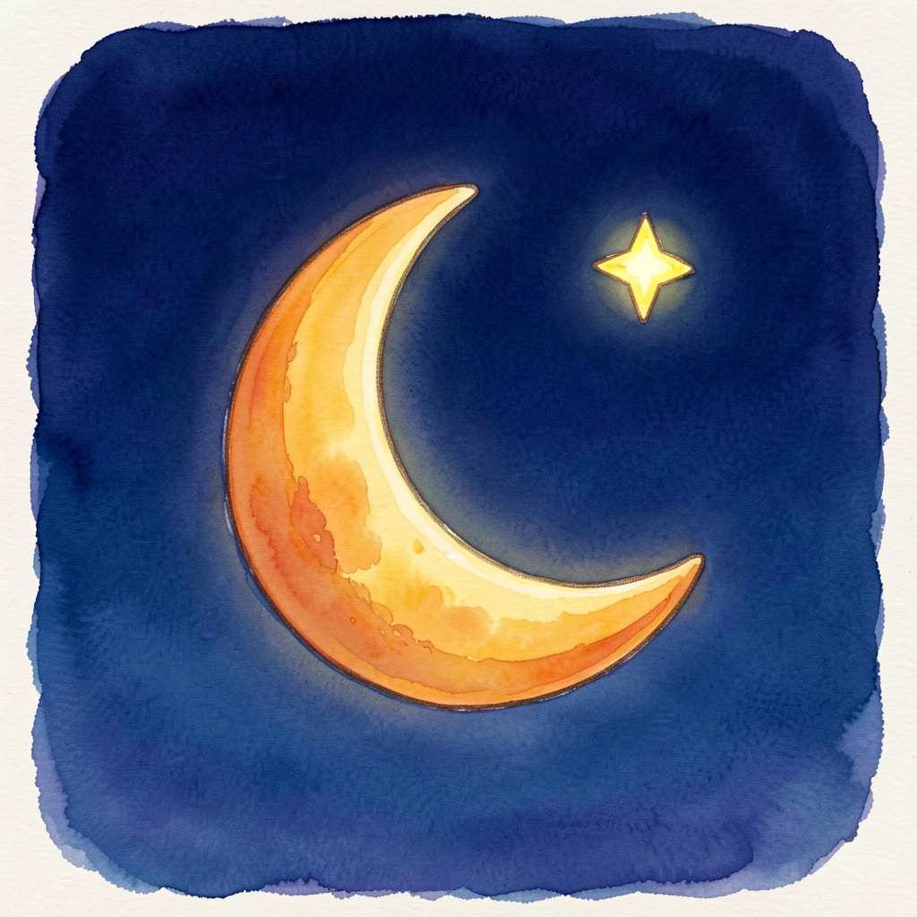 High-quality photograph of a waxing crescent moon against a deep-blue twilight sky. Single bright star nearby for compos