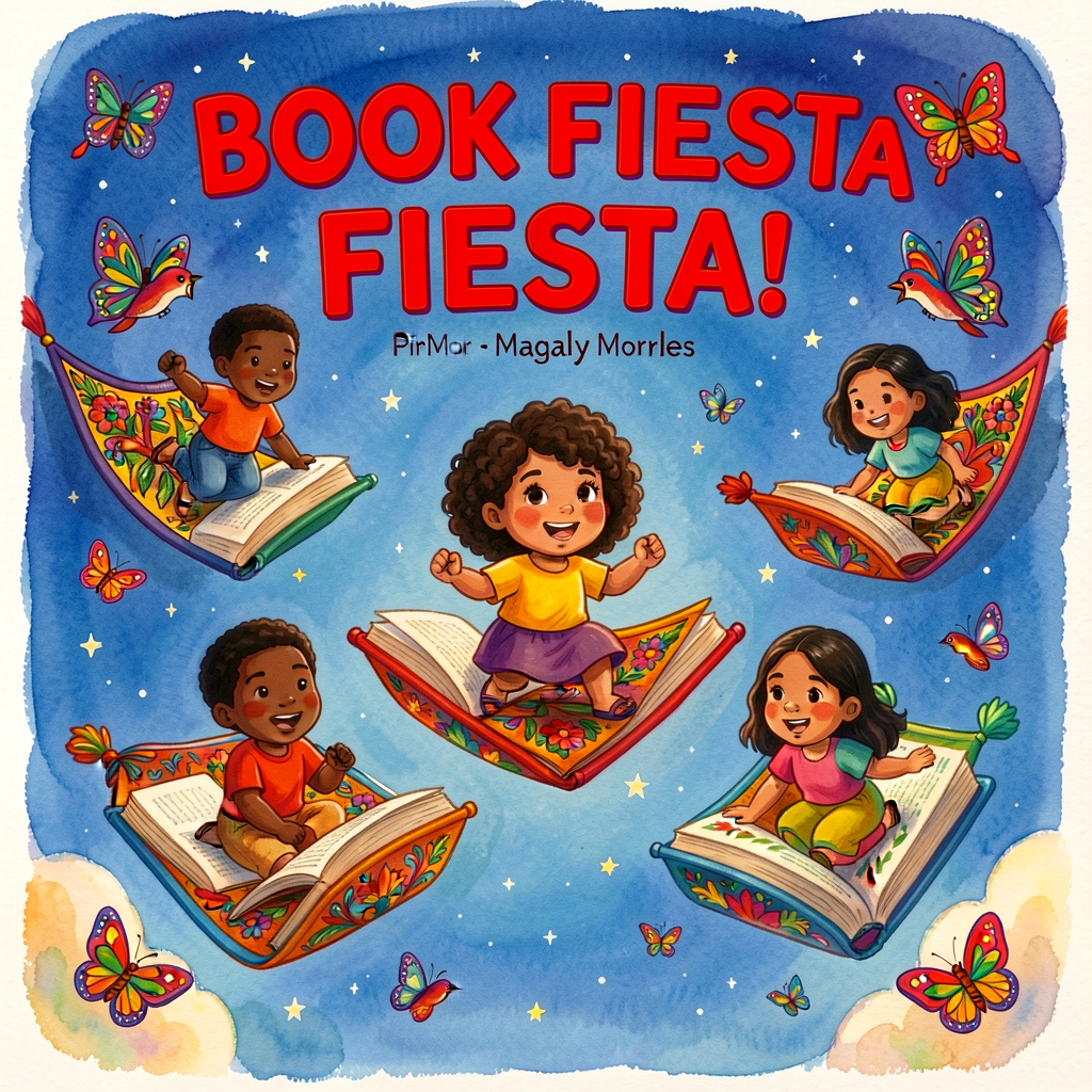 Reproduction of Pat Mora / Magaly Morales cover — child-readers of varied skin-tones flying on books like magic carpets 