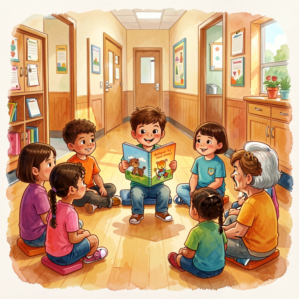 Color photograph of kindergartners delivering their hand-made book to an older buddy class (1st or 2nd grade). One child