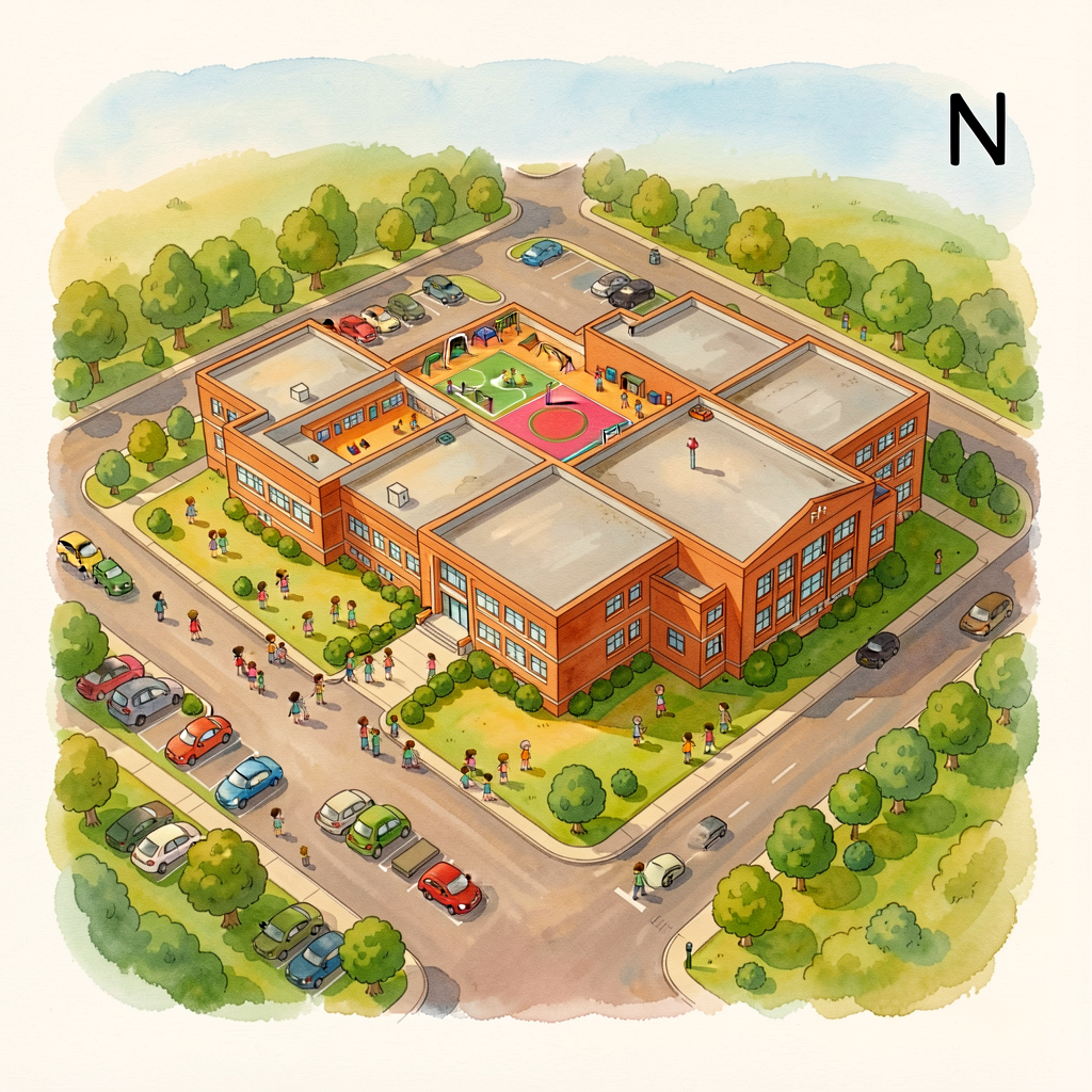 Color aerial photograph of the school building taken from approximately 200-500 feet (drone or satellite). The whole bui