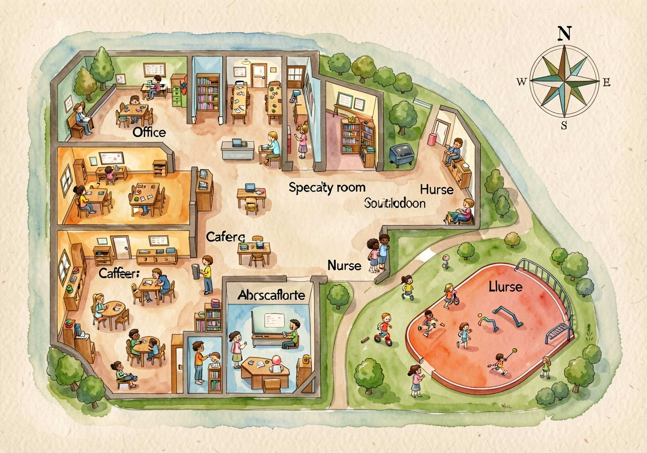 11x17-inch laminated hand-drawn watercolor map of the school showing classroom, hall, office, cafeteria, library, playgr