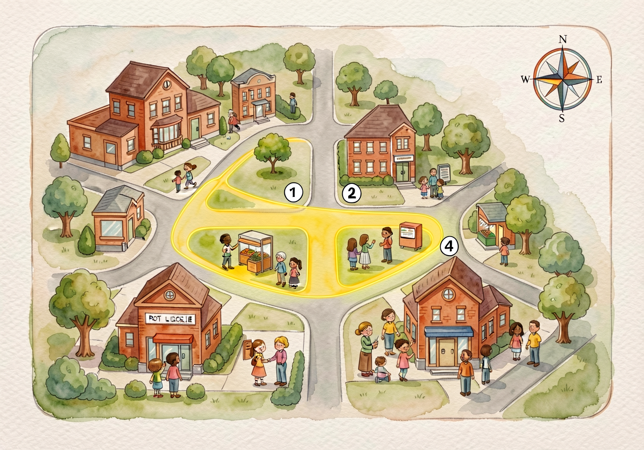 24x36-inch hand-drawn watercolor map of school's 4-block neighborhood. Today's walking-tour route highlighted with a tra