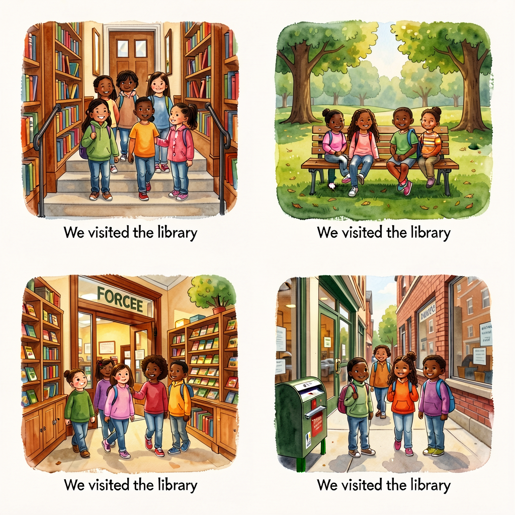 Set of 4-6 printed walking-tour photos at 4x6 inches each. Photos show class at library steps, class at park bench, clas