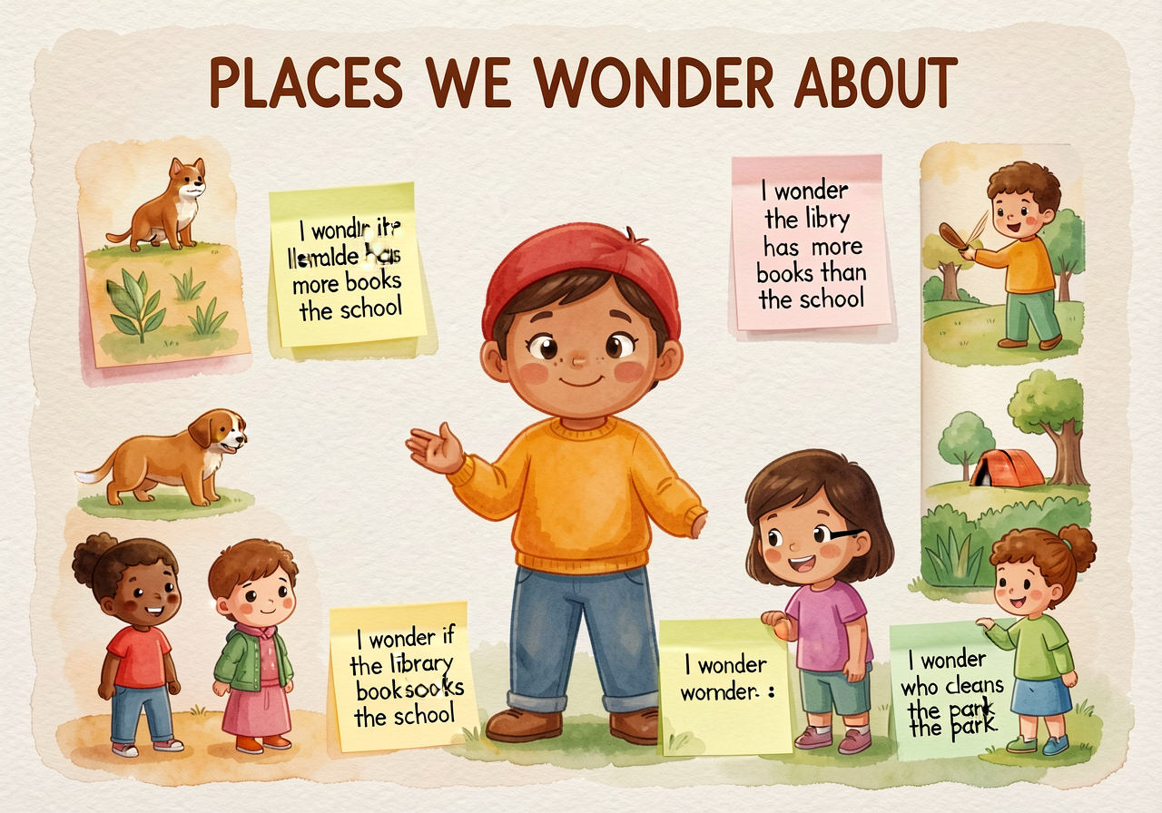 Continuation of the Fall I-Wonder chart, now with a NEW section labeled 'PLACES WE WONDER ABOUT' in 4-inch letters. Chil