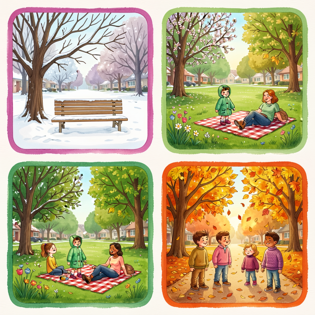 Set of 4 color photos (5x7 inches each) taken at the same neighborhood-park location across four seasons of one year. WI