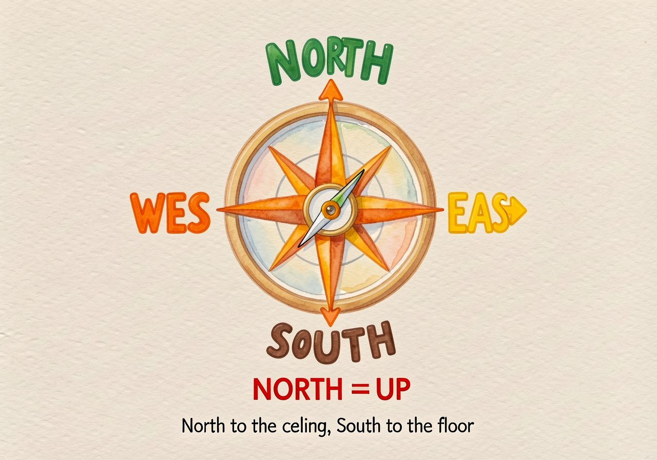 18x18-inch laminated compass rose. NORTH at top in 4-inch green letters with up-arrow. SOUTH at bottom in 4-inch brown l