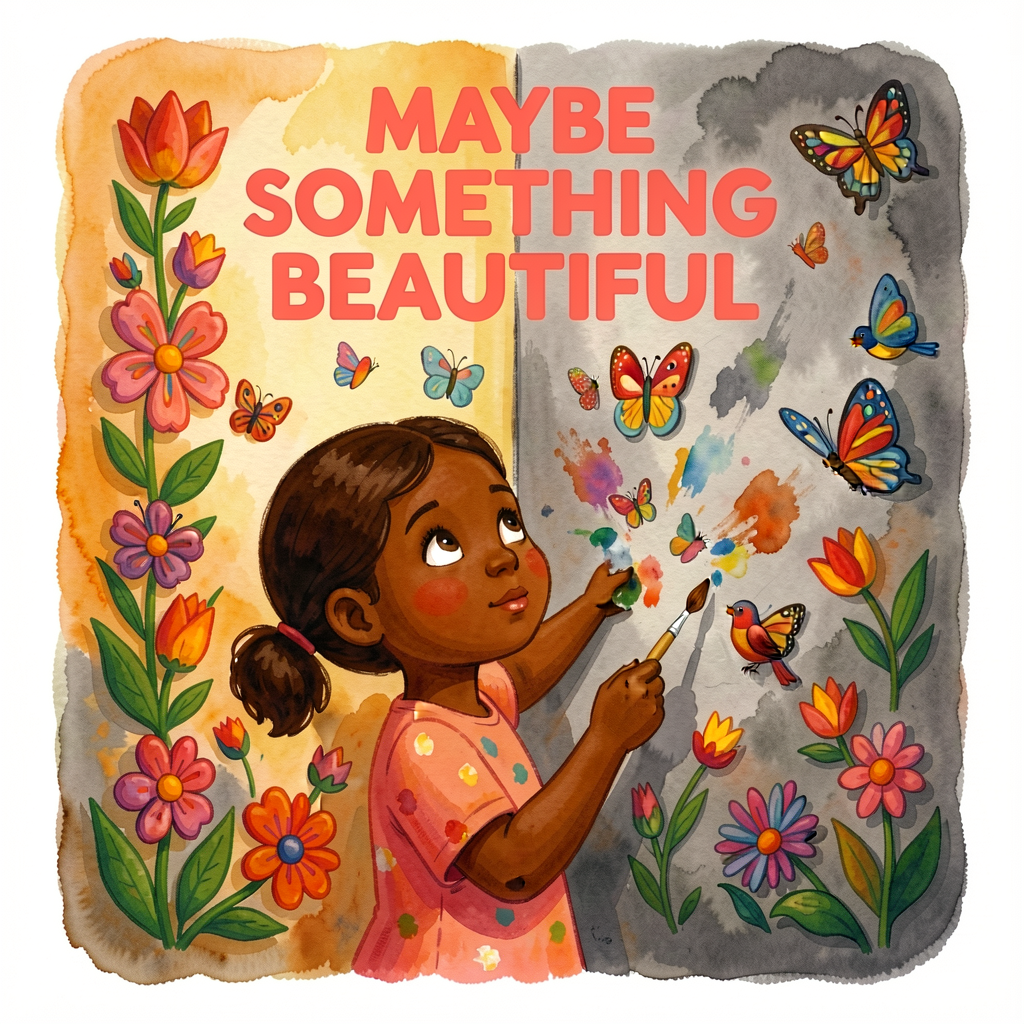 Reproduction of Campoy/Howell/Lopez cover — a brown-skinned girl with pigtails holding a paintbrush, looking up at a bri