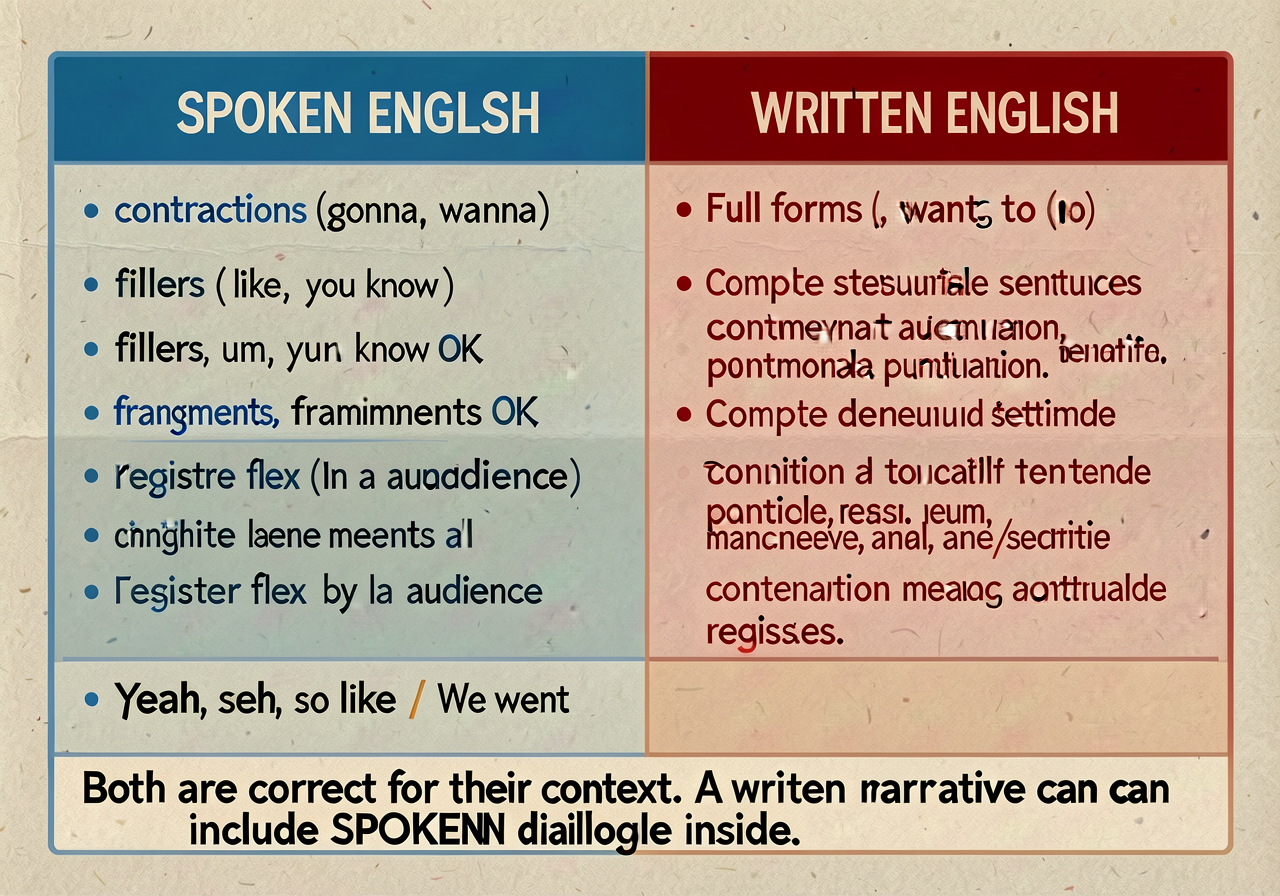 11x17 anchor: 2-column table. SPOKEN ENGLISH (left, blue): contractions (gonna, wanna), fillers (like, um, you know), fr