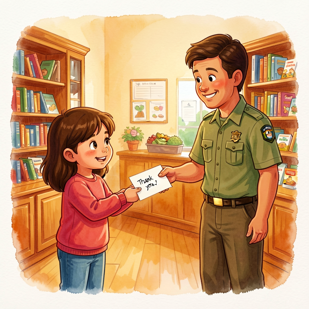 Color photograph of one child (or class group) handing a thank-you card to the librarian or park ranger or grocery worke