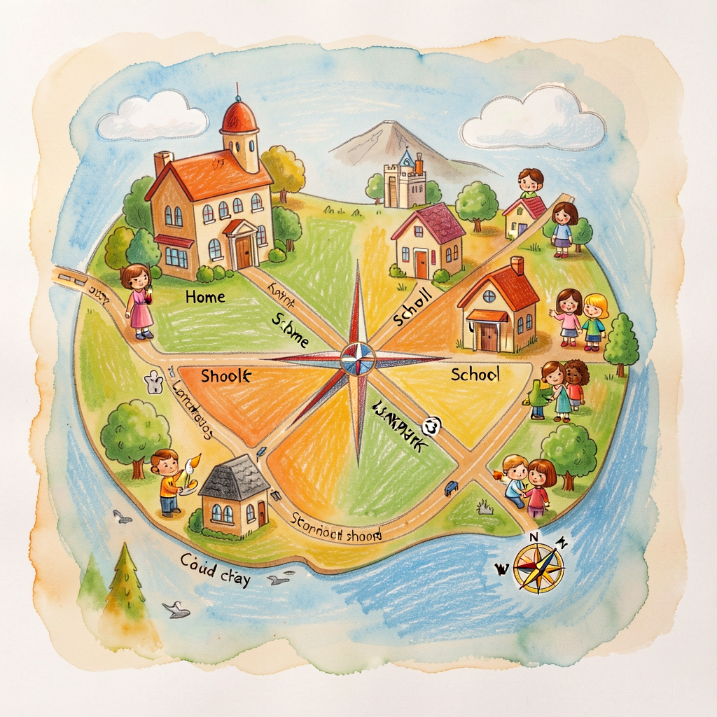Photo of a previous year's well-formed K student map showing home, school, 3 landmarks, key with 3 symbols, compass rose