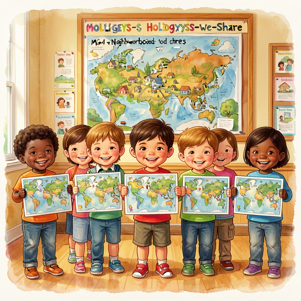 Whole-class photo: kindergartners holding their maps in a smiling row, MG-4 Neighborhood Map and Holidays-We-Share Wall 
