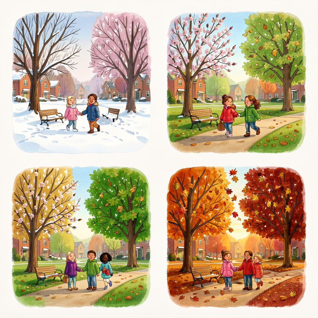 4 seasonal photos of the same neighborhood park (5x7 inches each) — bare/snow, budding/spring, lush/summer, falling-leav