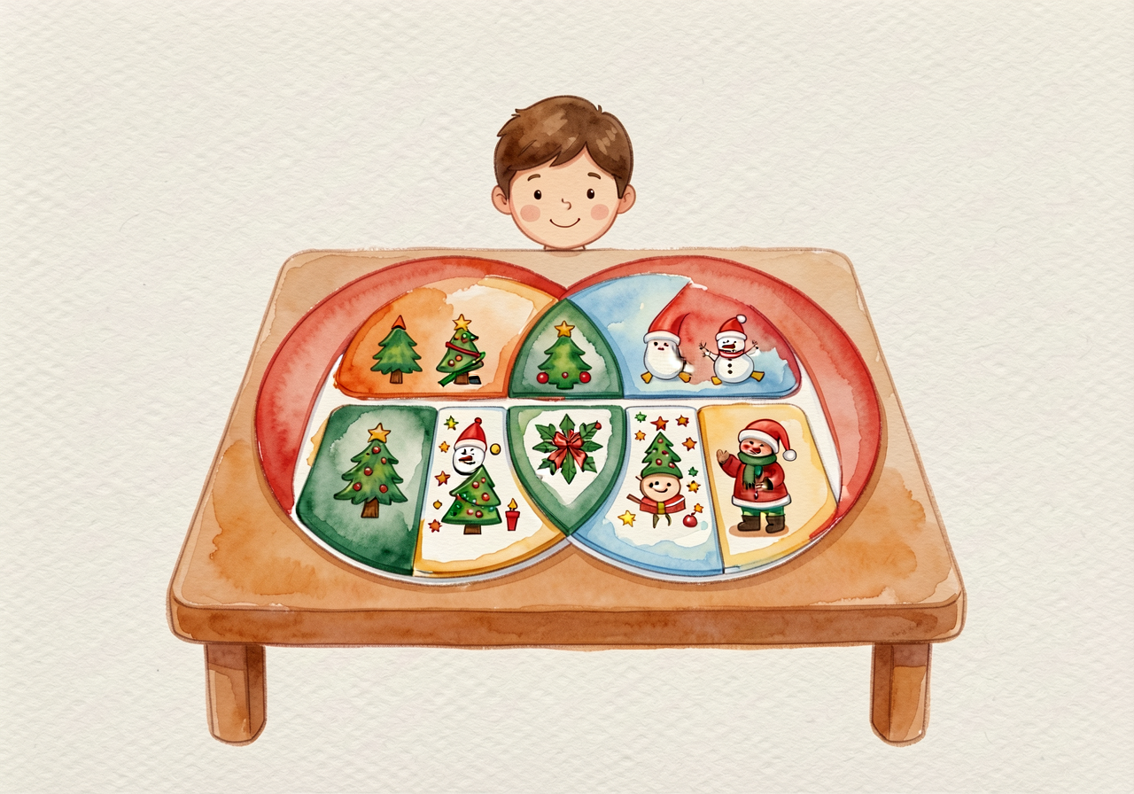 Two-band Venn mat on table with sample holiday-tile pair set.