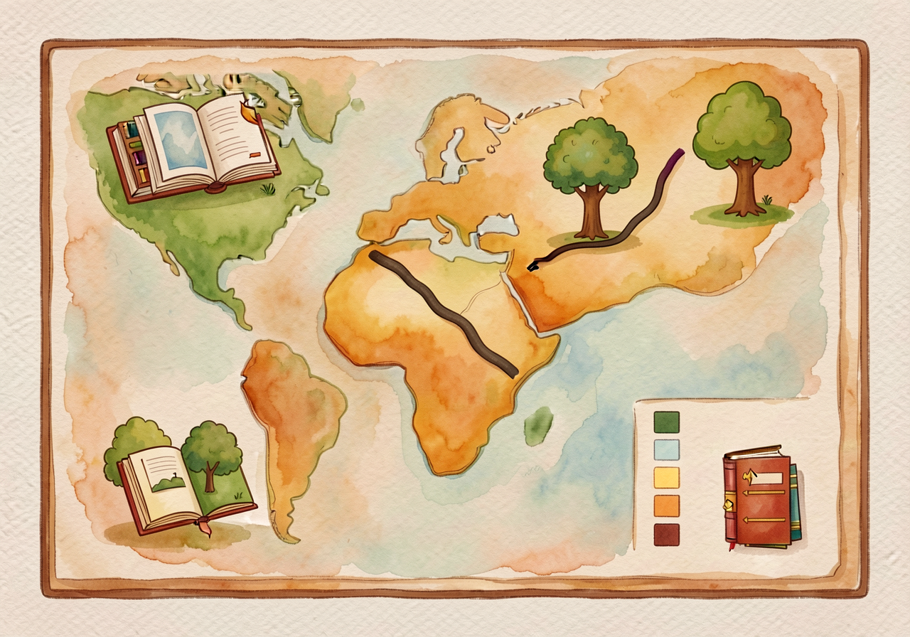 Sample child-friendly map (8.5x11) with 5 visible symbols and an attached key. Library symbol = open book; park = tree; 