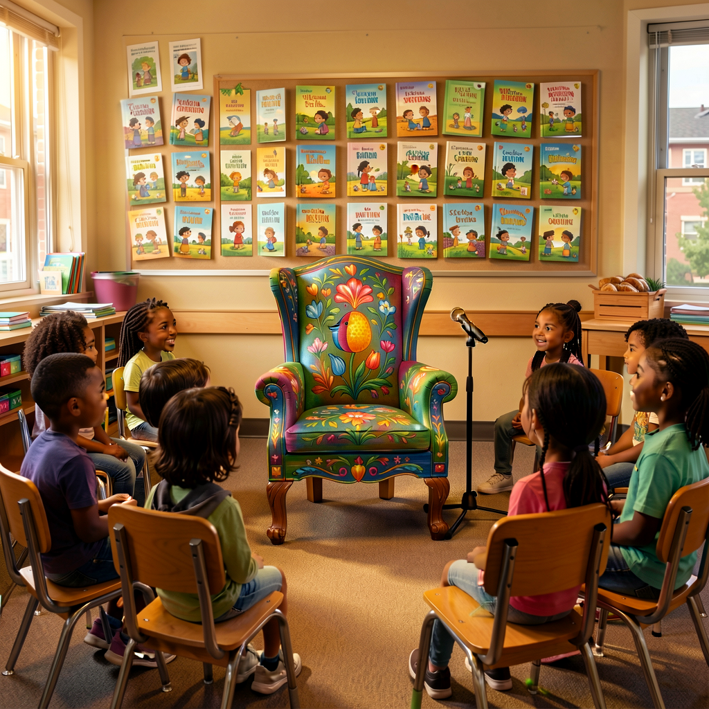 Reference photo of an Author's Chair setup in a Grade-3 classroom: a special chair (slightly larger, painted or decorate