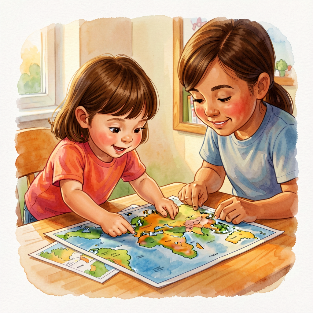 Photograph of a kindergartner presenting their map to a family member, both leaning over the map.
