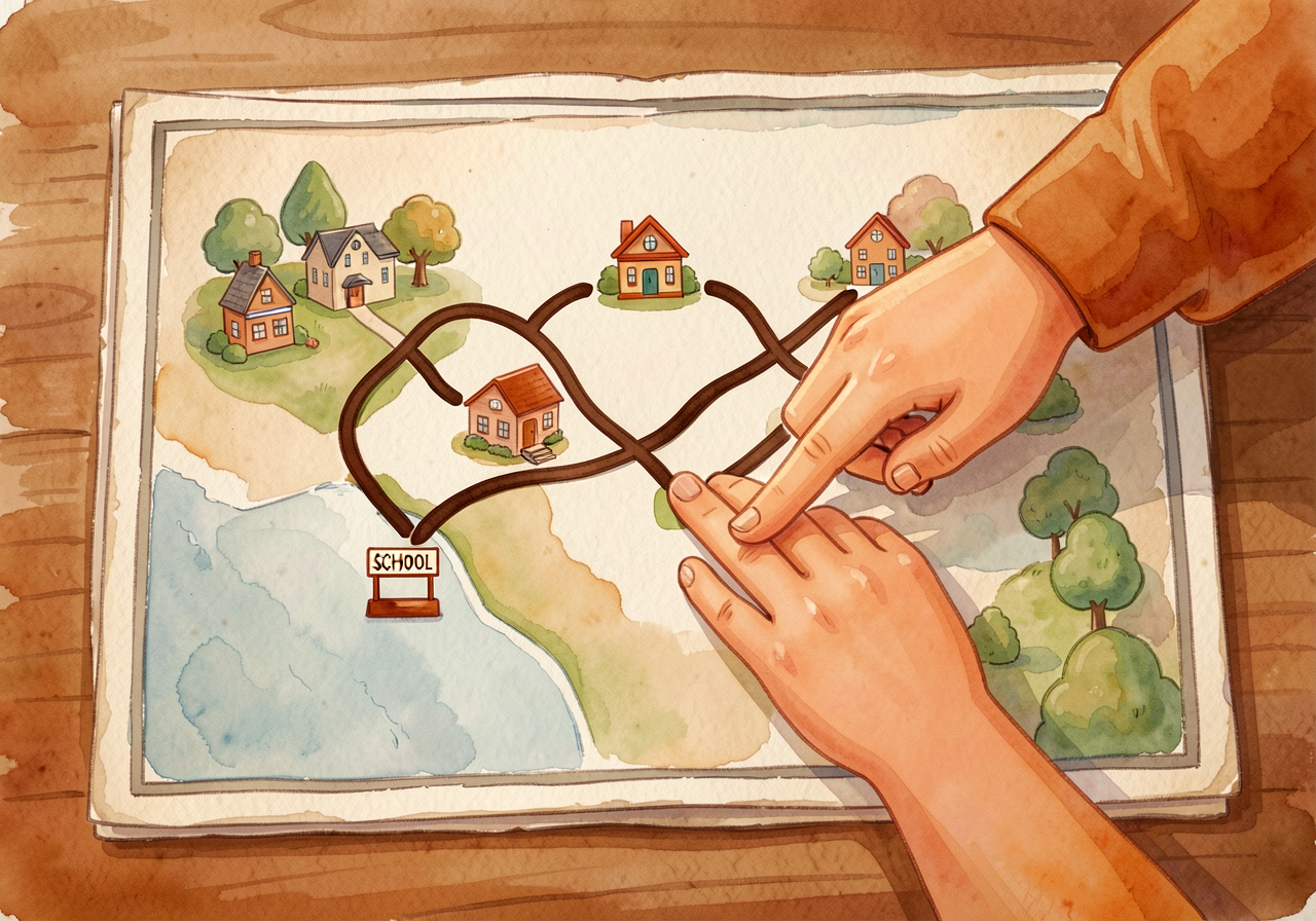 MG-4 Neighborhood Map laid flat on table; child traces route from school symbol to library symbol with finger along the 