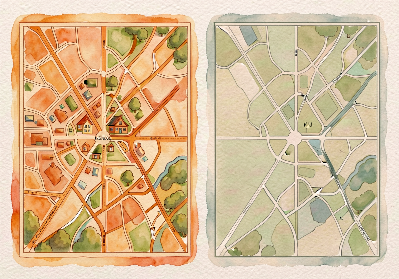 Side-by-side maps of the school neighborhood: a 1970s-era map (available from city archive) and a current map. Both at s