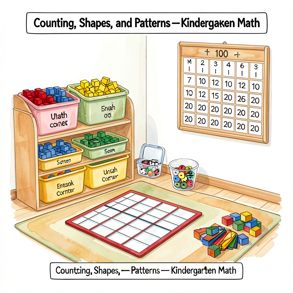 Unit-opener splash: a kindergarten classroom 'math corner' with labeled bins of unifix cubes (red, blue, yellow, green),