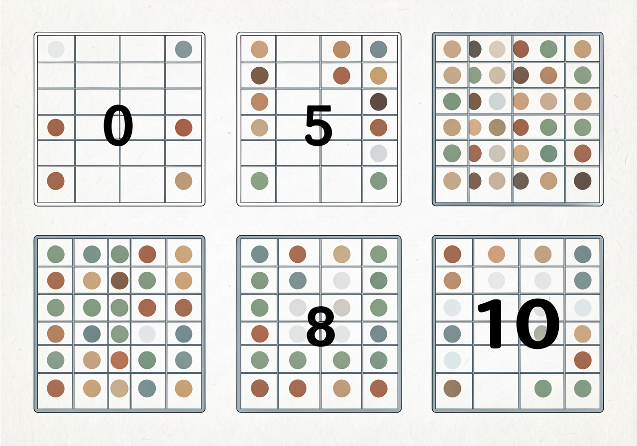 Ten-frame poster set: six 18"x12" laminated ten-frame mats showing 0, 3, 5, 7, 8, 10 dots in standard top-row-fills-firs