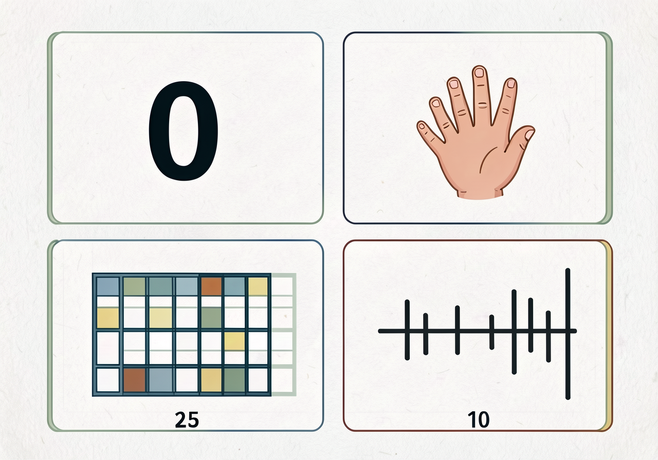 Number representation card set: for each of 0-10, an 8.5"x5.5" card showing four representations in quadrants — numeral 