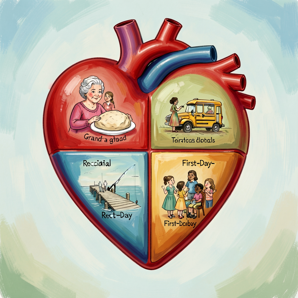 Reference image of a partial heart-map showing 4 sample wedges with tiny pencil drawings (Grandma + dough, fishing pier,