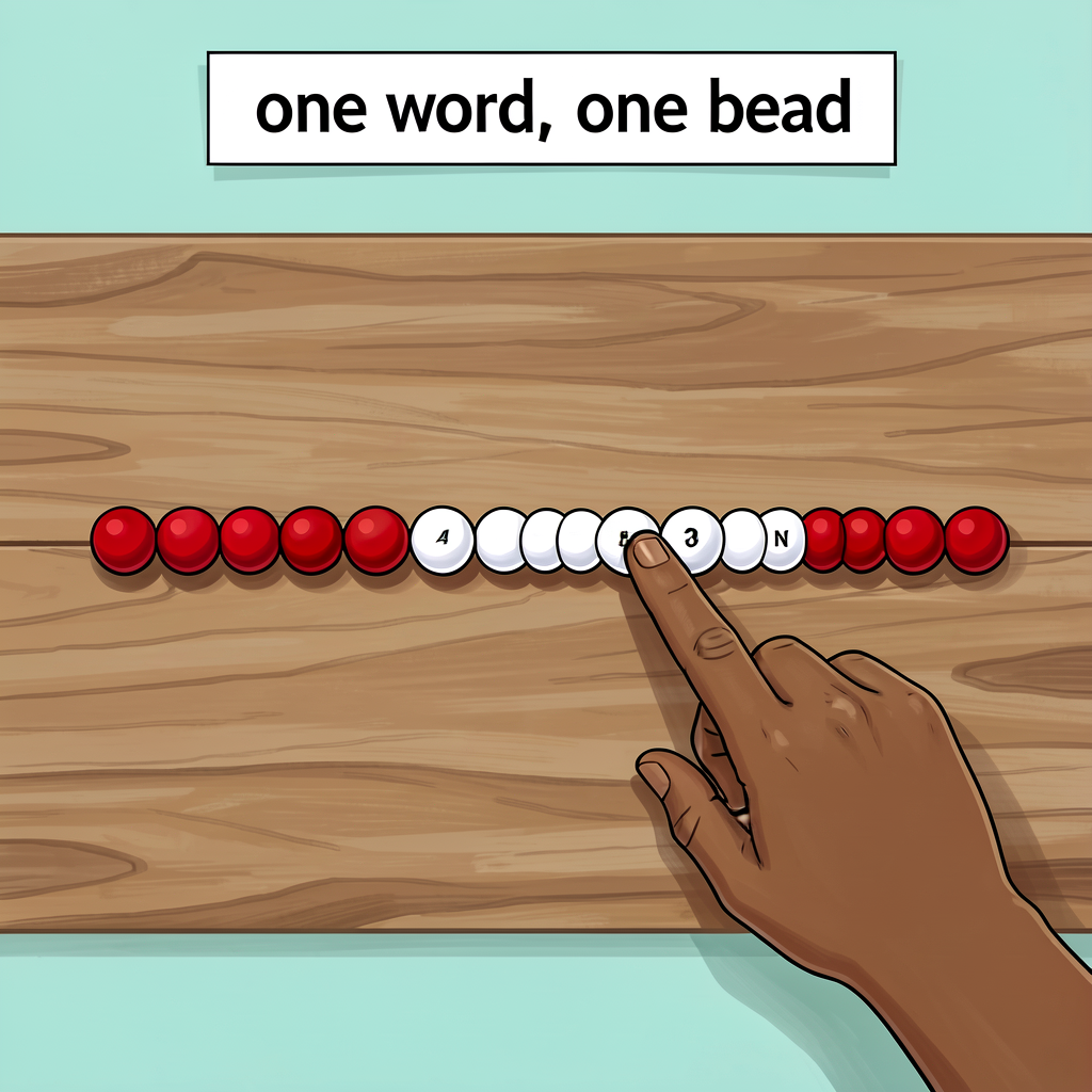 Horizontal 100-bead string laid on a wooden table, viewed from above. First 5 beads red, next 5 white, alternating to 10