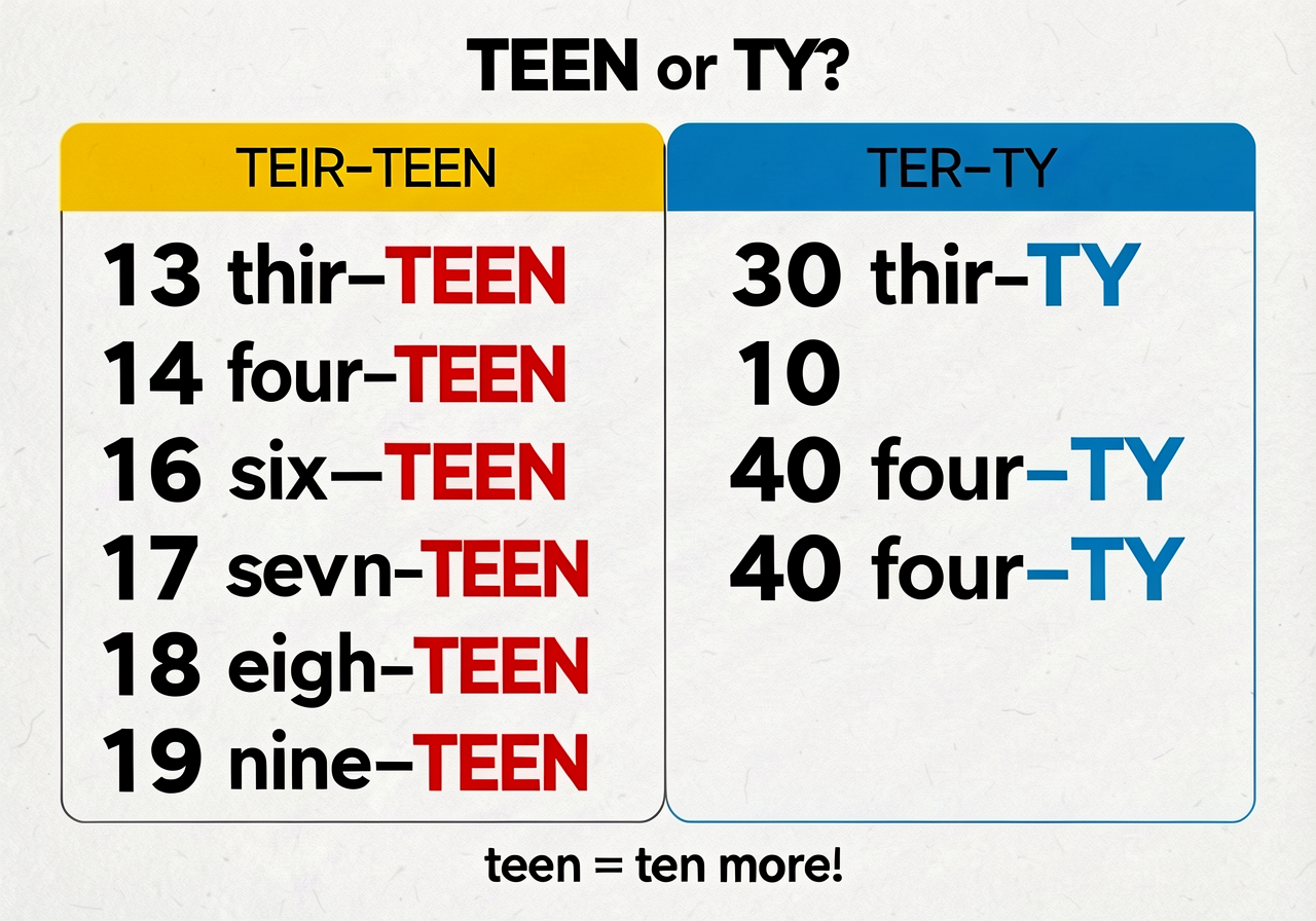 Two-column chart titled 'TEEN or TY?' Left column (yellow header): 13 thir-TEEN, 14 four-TEEN, 15 fif-TEEN, 16 six-TEEN,