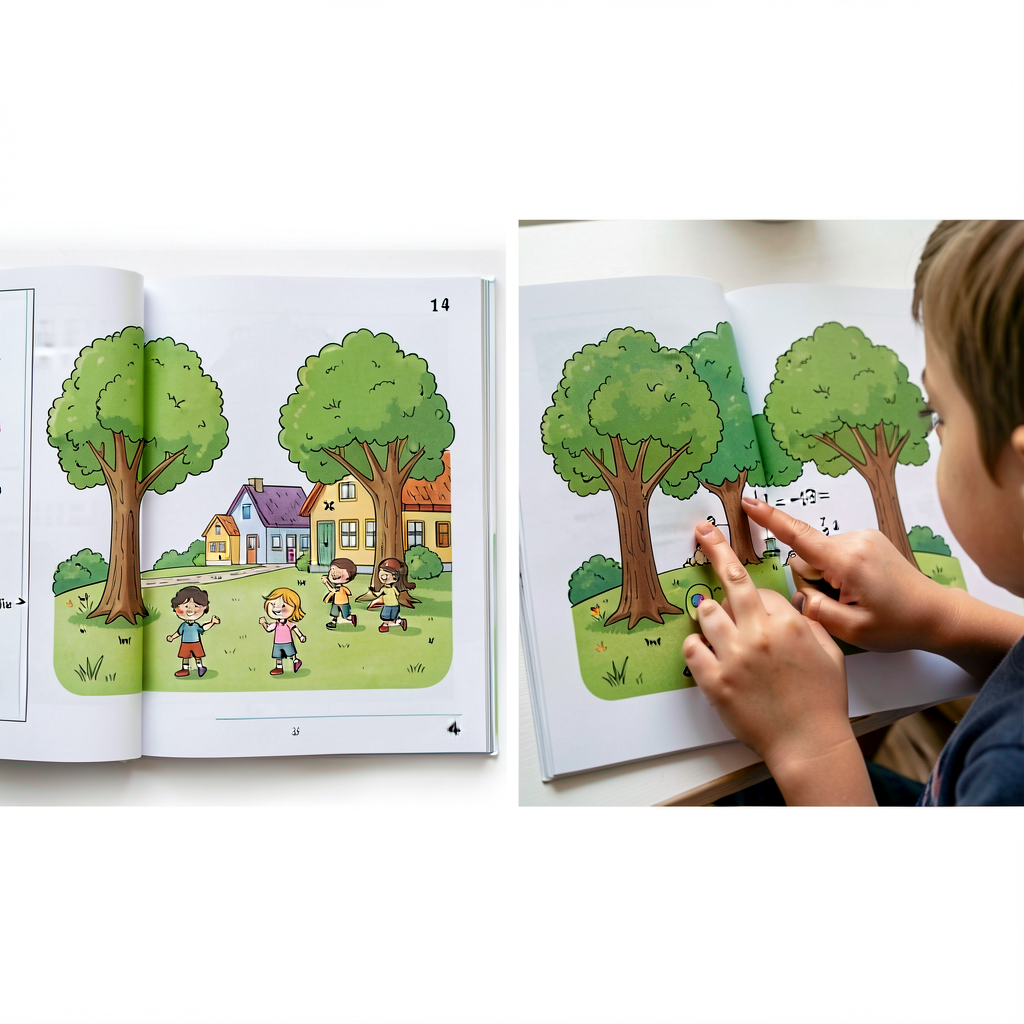 Two photographs side-by-side: (left) the open Anno's Counting Book pages 3 and 4 showing the spring village with 3 trees