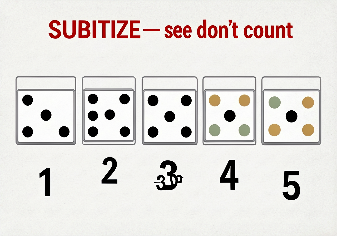 Single 24"x18" poster with 5 panels left-to-right showing canonical dice-face arrangements for 1, 2, 3, 4, 5. Dots are 3