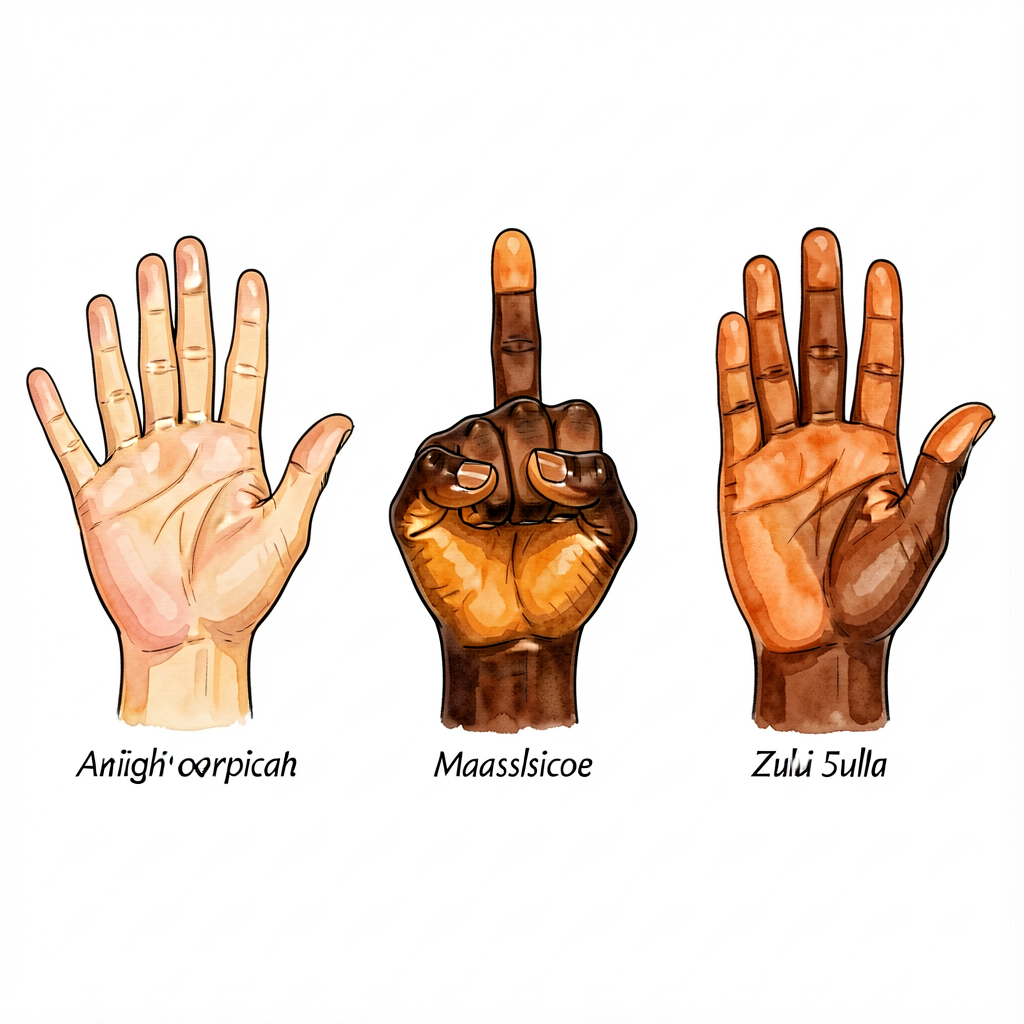 Illustration showing three pairs of hands, side-by-side: (left) American/European 5-finger 'high five' palm-out; (center