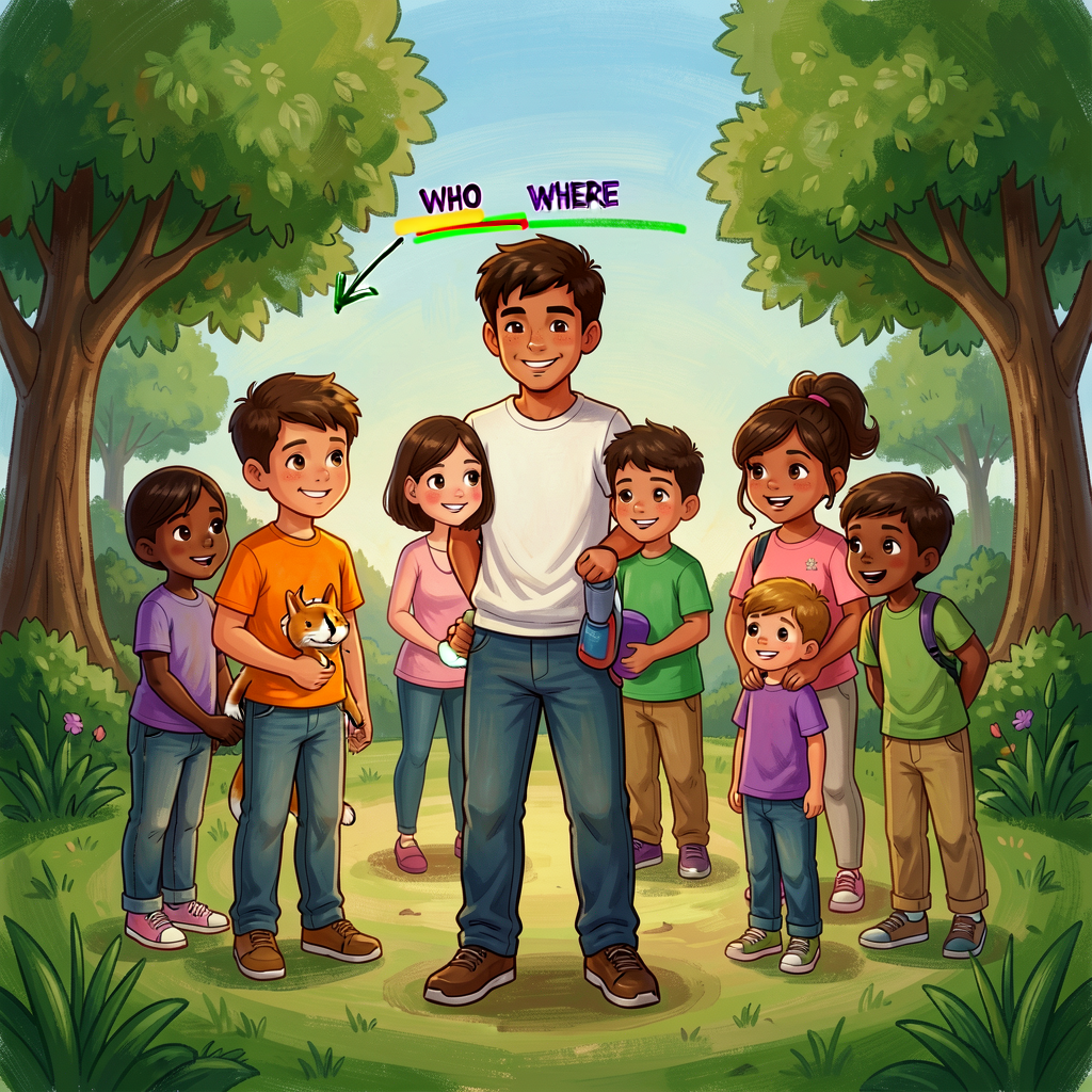 Reference image of a sample orientation paragraph (2-4 sentences) with a green-pencil annotation: WHO underlined orange,