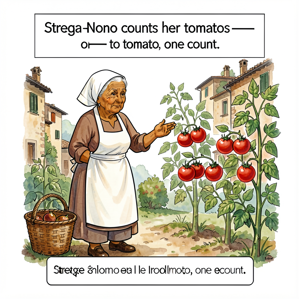 Watercolor illustration of Strega Nona (elderly Italian woman with kerchief and apron, warm-brown skin tone) in her gard