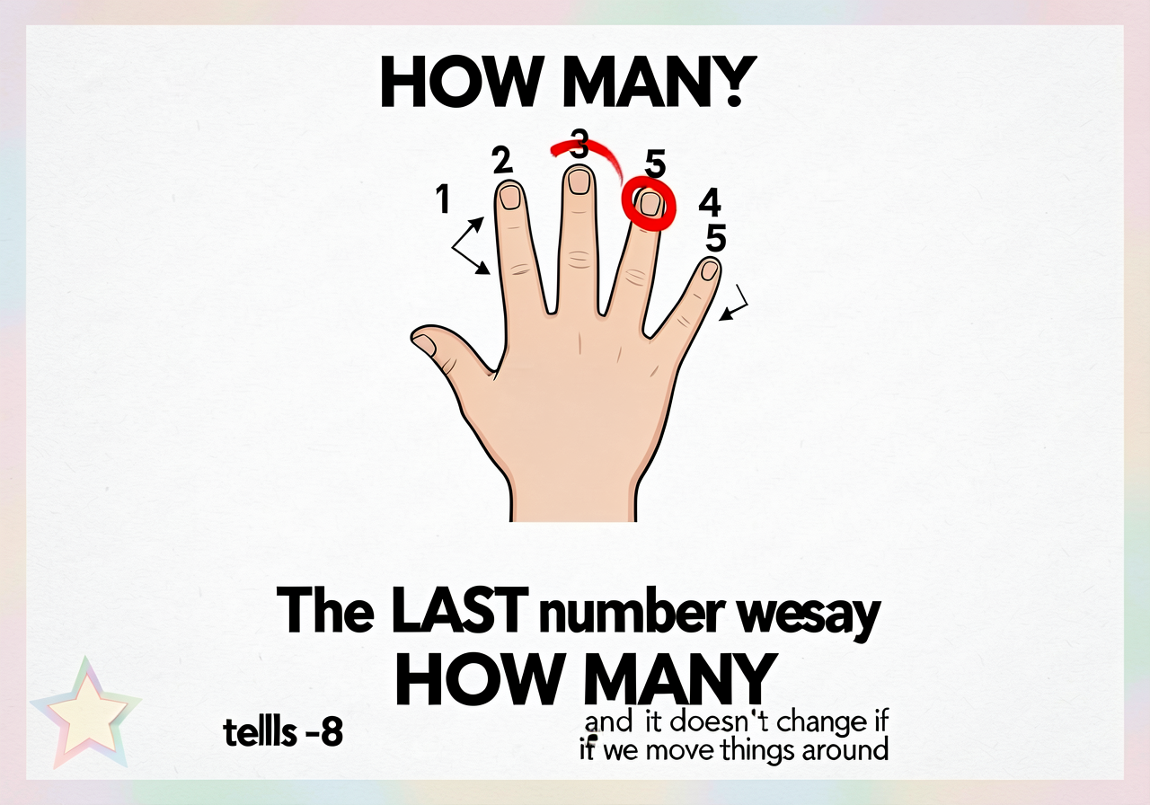 Vertical 24"x18" poster titled 'HOW MANY?' Top half shows a hand counting 5 fingers extended with arrows labeled 1, 2, 3