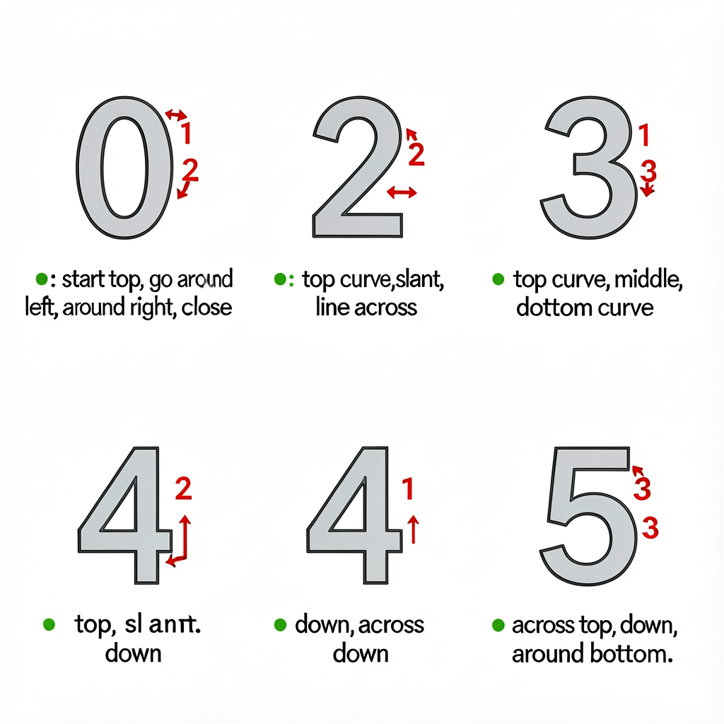 Six panels (one per numeral 0-5). Each panel shows the numeral in light gray with numbered red arrows showing stroke ord