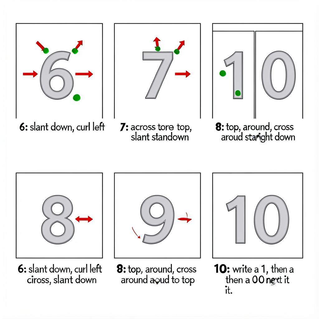 Five panels for 6, 7, 8, 9, 10. Each panel shows numeral in light gray with numbered red arrows for stroke order, starti