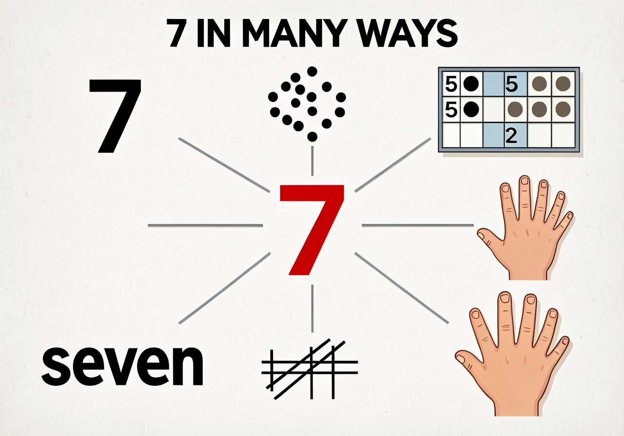 Single 24"x18" poster titled '7 IN MANY WAYS.' Six panels around a central large 36-pt numeral '7' in red: top — dot pat
