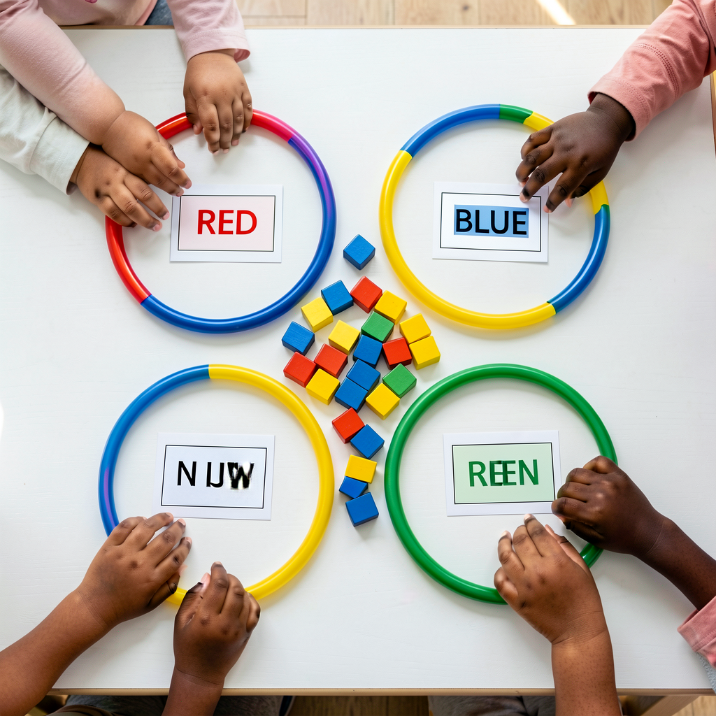 Top-down photograph of a kindergarten desk: 4 hula hoops arranged in a square, each with sort-label card ('RED' / 'BLUE'