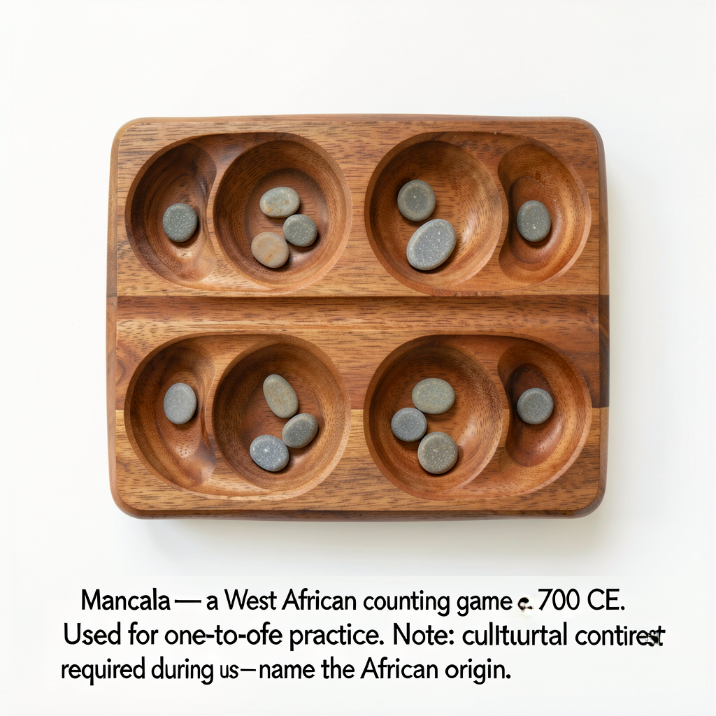 Top-down photograph of a wooden 2-row, 4-pit Mancala-style sowing board, with stones (8 total — 2 per pit) arranged. Bri