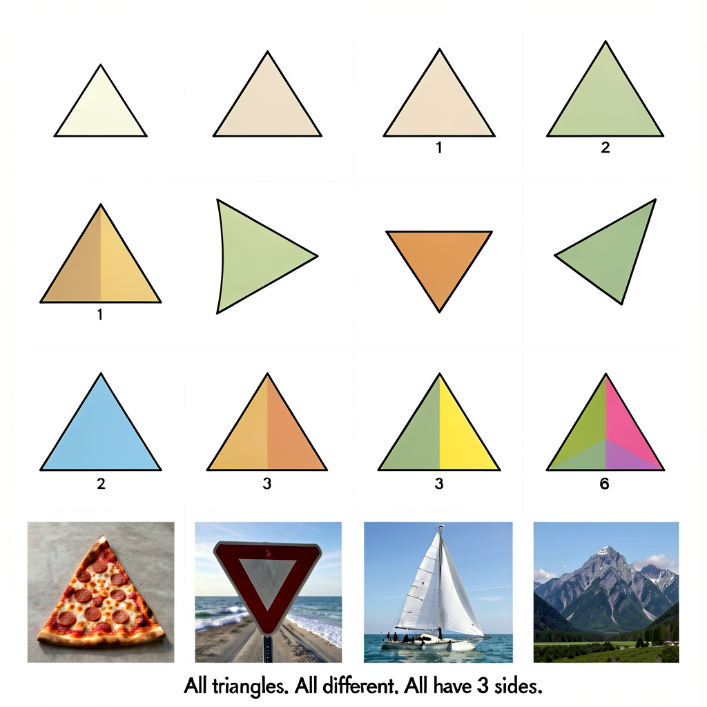 Photo grid 4x4: 16 triangles photographed on white background. Top row: 4 sizes of equilateral triangle (small to large)