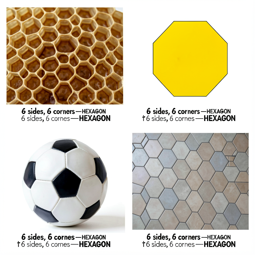 Four-panel photo collage: (top-left) honeycomb close-up showing perfect hexagons; (top-right) yellow pattern-block hexag