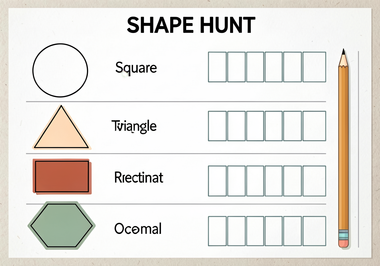 Clipboard worksheet 8.5"x11" titled 'SHAPE HUNT.' Six rows, one per shape (circle, square, triangle, rectangle, hexagon,